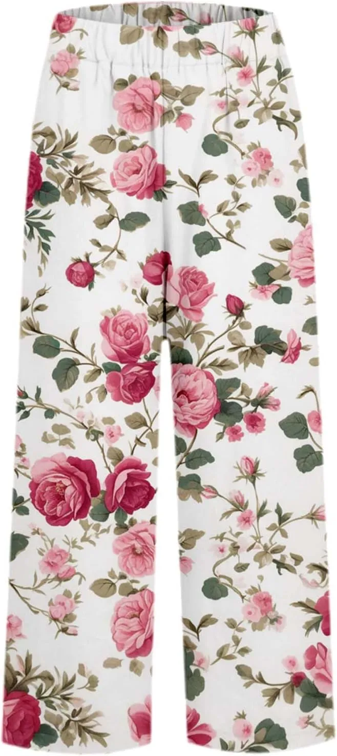 Linen Capri Pants for Women High Waist Floral Straight Leg Lounge Pants Comfy Soft Boho Trousers Casual Resort Wear
