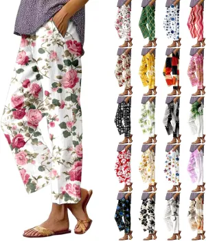 Linen Capri Pants for Women High Waist Floral Straight Leg Lounge Pants Comfy Soft Boho Trousers Casual Resort Wear