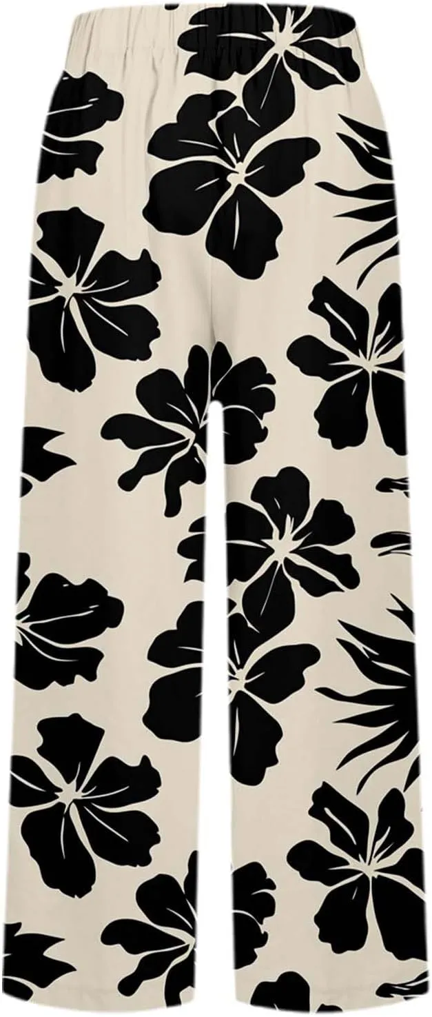 Linen Capri Pants for Women High Waist Floral Straight Leg Lounge Pants Comfy Soft Boho Trousers Casual Resort Wear