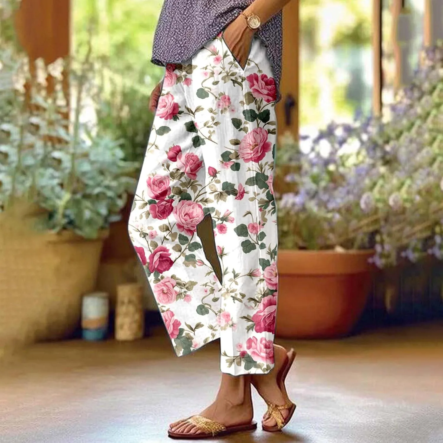 Linen Capri Pants for Women High Waist Floral Straight Leg Lounge Pants Comfy Soft Boho Trousers Casual Resort Wear