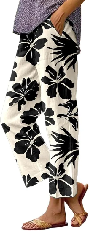 Linen Capri Pants for Women High Waist Floral Straight Leg Lounge Pants Comfy Soft Boho Trousers Casual Resort Wear