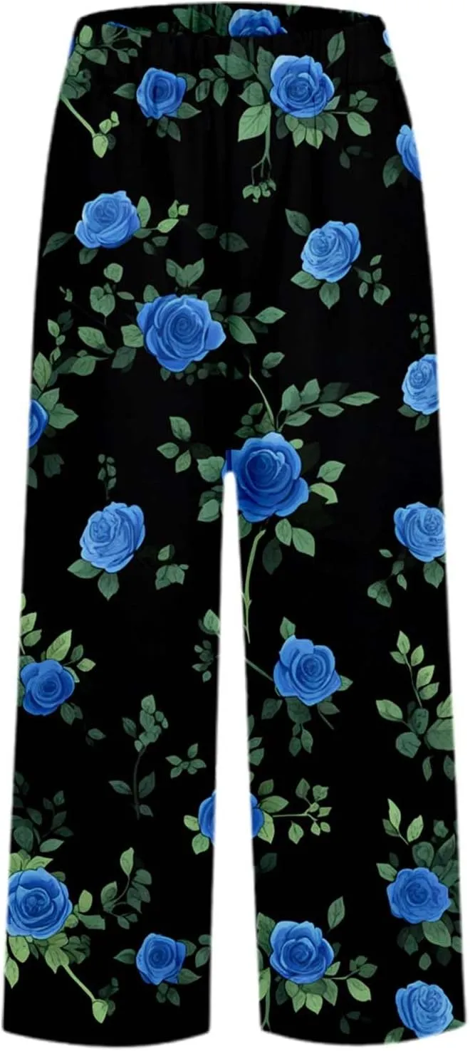 Linen Capri Pants for Women High Waist Floral Straight Leg Lounge Pants Comfy Soft Boho Trousers Casual Resort Wear