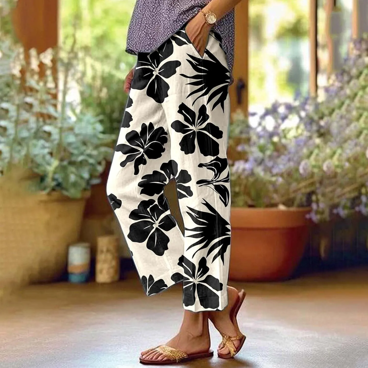 Linen Capri Pants for Women High Waist Floral Straight Leg Lounge Pants Comfy Soft Boho Trousers Casual Resort Wear