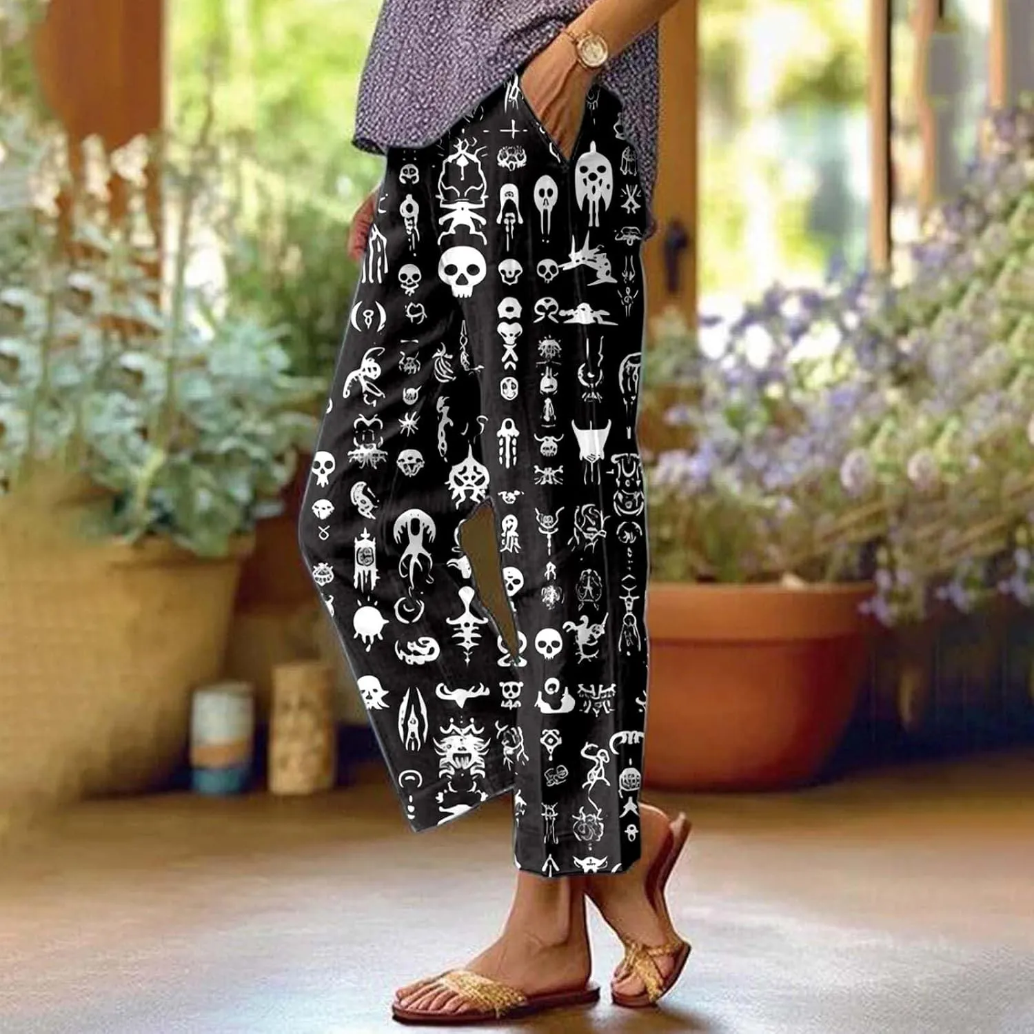 Linen Capri Pants for Women High Waist Floral Straight Leg Lounge Pants Comfy Soft Boho Trousers Casual Resort Wear