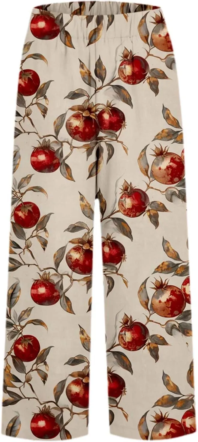 Linen Capri Pants for Women High Waist Floral Straight Leg Lounge Pants Comfy Soft Boho Trousers Casual Resort Wear