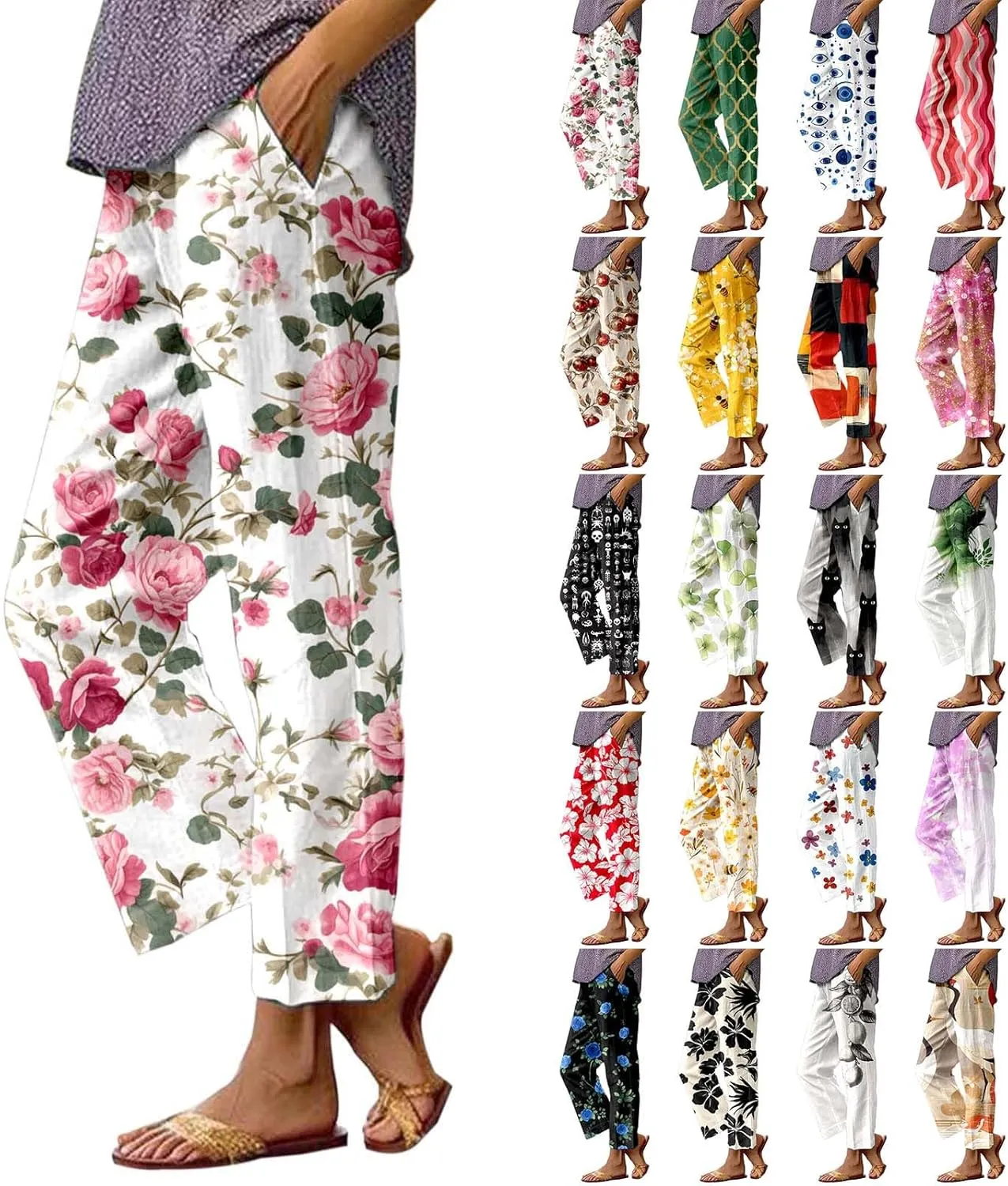 Linen Capri Pants for Women High Waist Floral Straight Leg Lounge Pants Comfy Soft Boho Trousers Casual Resort Wear