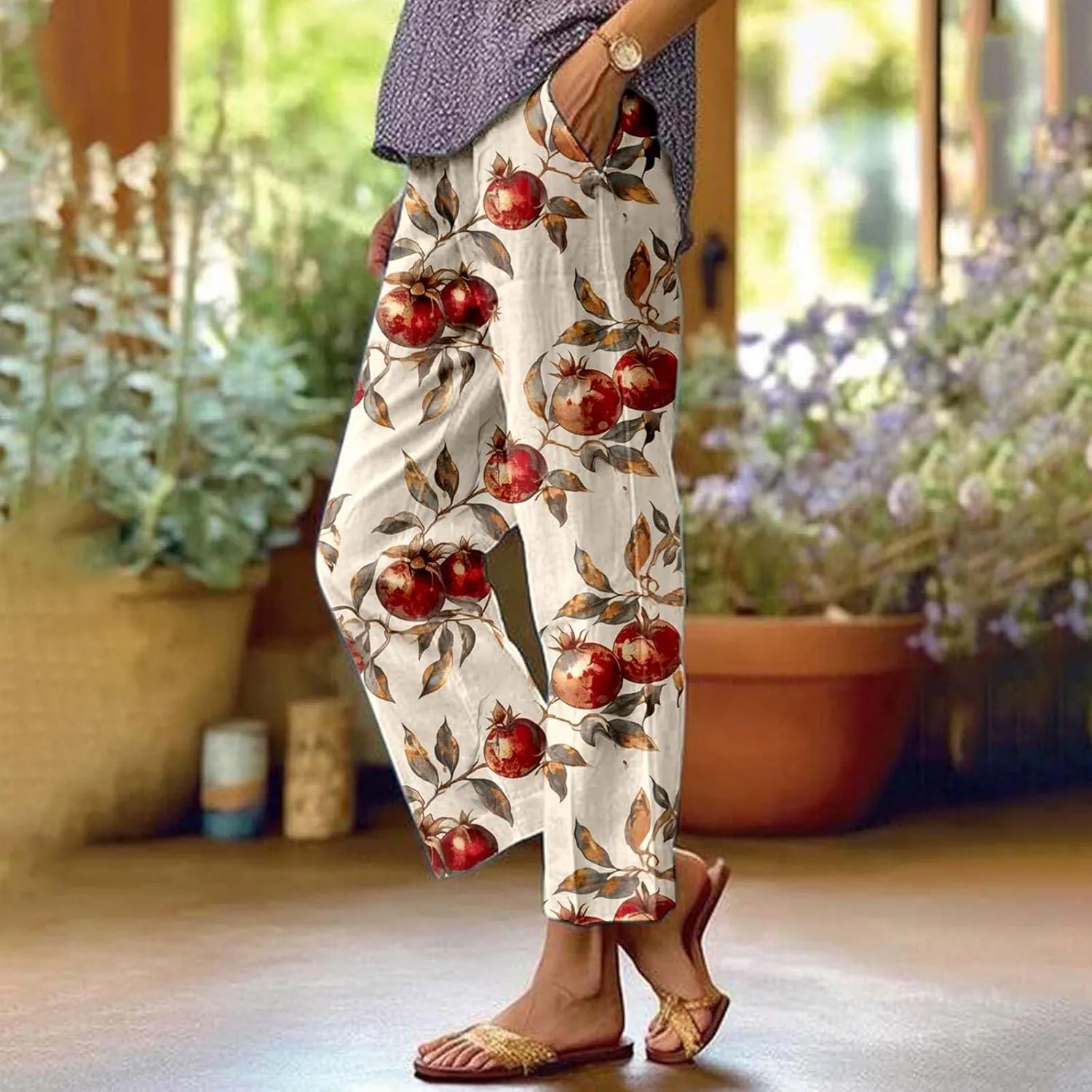 Linen Capri Pants for Women High Waist Floral Straight Leg Lounge Pants Comfy Soft Boho Trousers Casual Resort Wear