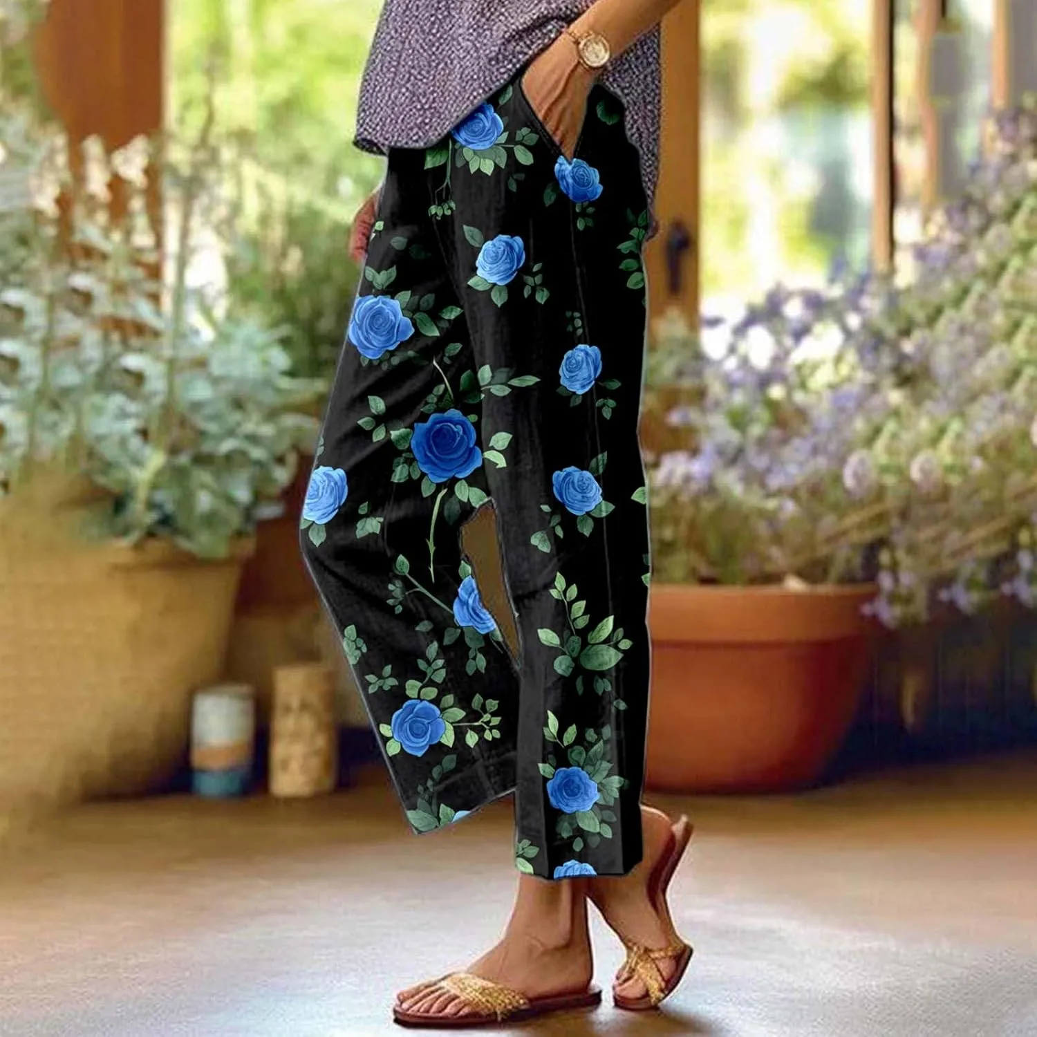 Linen Capri Pants for Women High Waist Floral Straight Leg Lounge Pants Comfy Soft Boho Trousers Casual Resort Wear