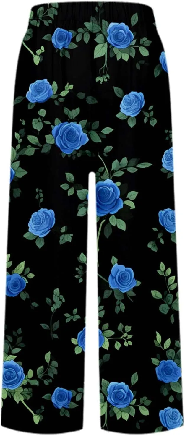 Linen Capri Pants for Women High Waist Floral Straight Leg Lounge Pants Comfy Soft Boho Trousers Casual Resort Wear