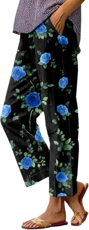 Linen Capri Pants for Women High Waist Floral Straight Leg Lounge Pants Comfy Soft Boho Trousers Casual Resort Wear