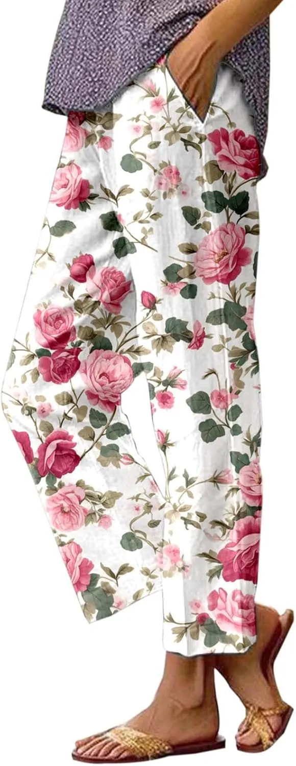 Linen Capri Pants for Women High Waist Floral Straight Leg Lounge Pants Comfy Soft Boho Trousers Casual Resort Wear