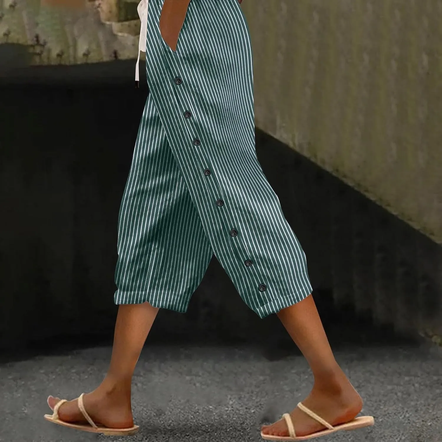 Linen Capri Pants for Women High Waisted Summer Capri Pants Elastic Waist Cotton Linen Yoga Cropped Trousers