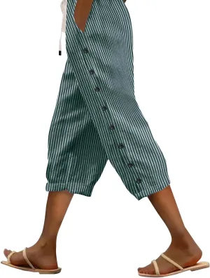 Linen Capri Pants for Women High Waisted Summer Capri Pants Elastic Waist Cotton Linen Yoga Cropped Trousers