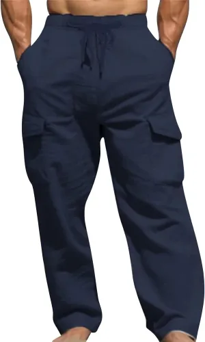 Linen Cargo Pants Men's Lightweight Soft Wide Leg Sweatpants Summer Loose Fit Drawstring Solid Joggers Daily Workout Trousers