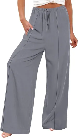 Linen Drawstring Pants Women Beach Vacation Outfits 2025 Solid Resort Pants with Pockets Spring Lightweight Flowy Sweatpants
