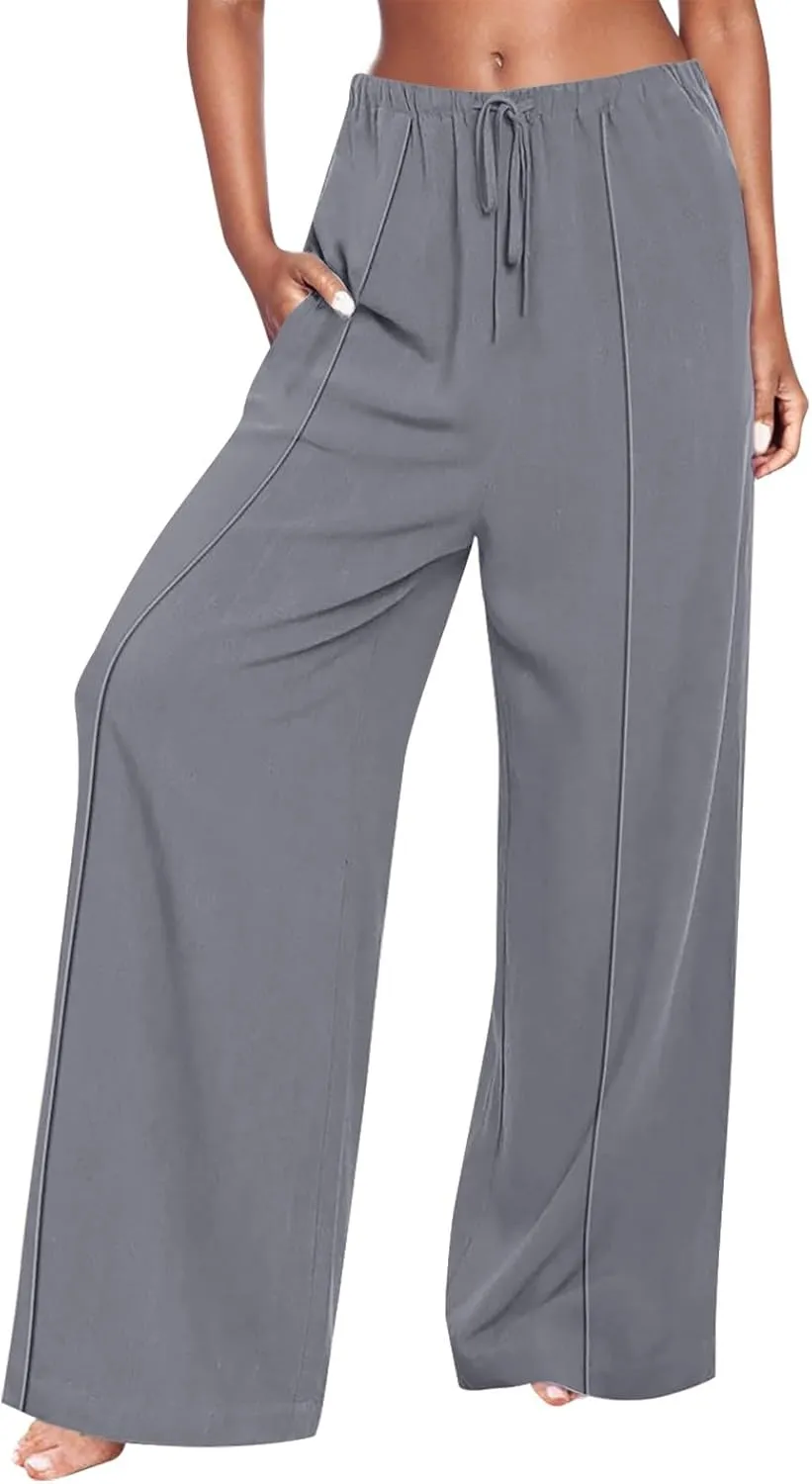 Linen Drawstring Pants Women Beach Vacation Outfits 2025 Solid Resort Pants with Pockets Spring Lightweight Flowy Sweatpants