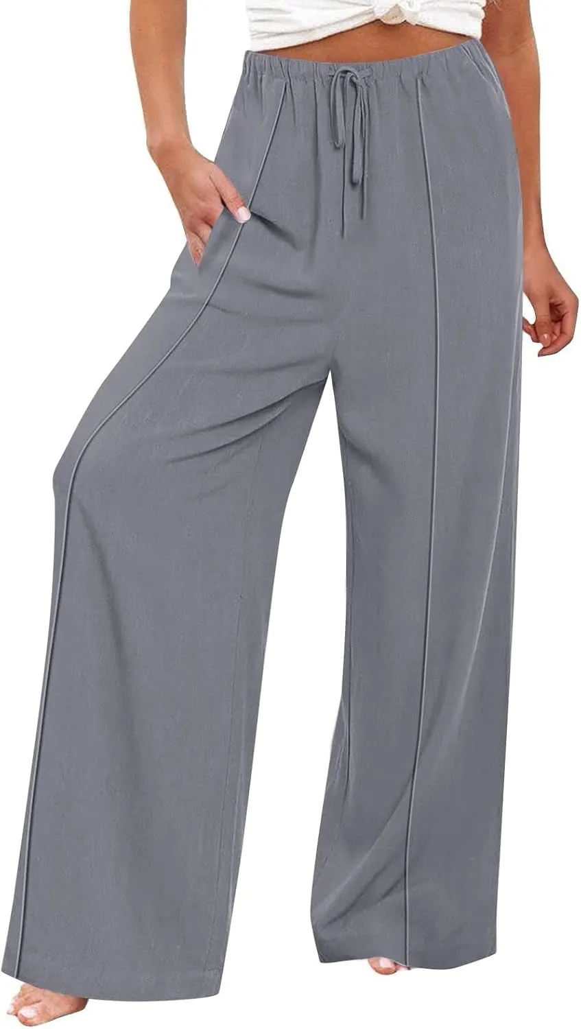 Linen Drawstring Pants Women Beach Vacation Outfits 2025 Solid Resort Pants with Pockets Spring Lightweight Flowy Sweatpants