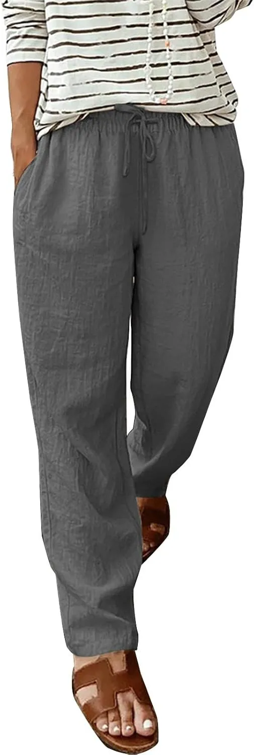 Linen Drawstring Pants Women Vacation Outfits Beach 2025 Solid Casual Pants with Pockets Easter Lightweight Flowy Sweatpants
