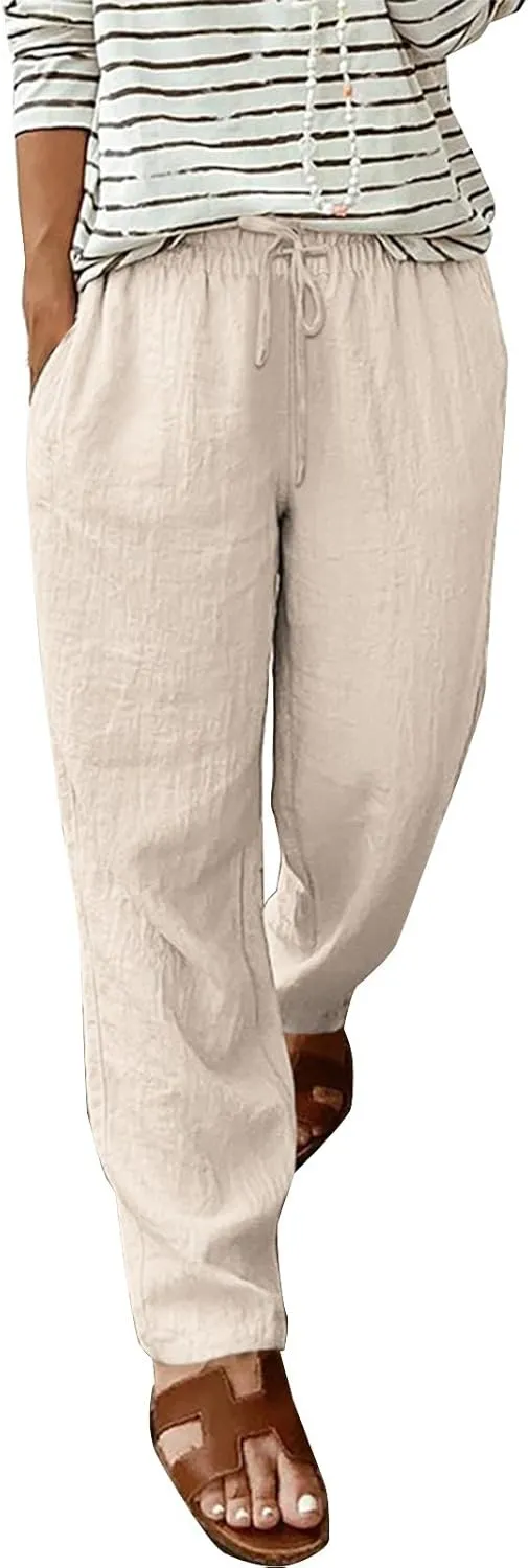 Linen Drawstring Pants Women Vacation Outfits Beach 2025 Solid Casual Pants with Pockets Easter Lightweight Flowy Sweatpants