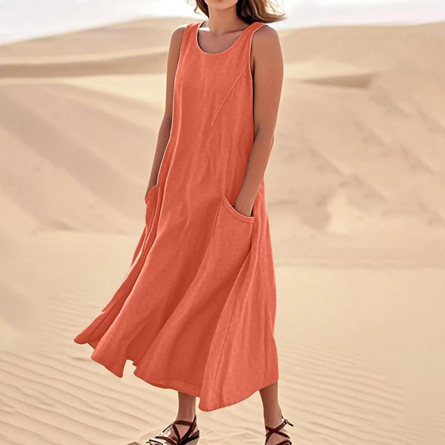 Linen Dress Women Causal Sleeveless U Neck Plus Size Summer Dresses Flowy Ruffle Hem Maxi T Shirt Dresses Midi Dress