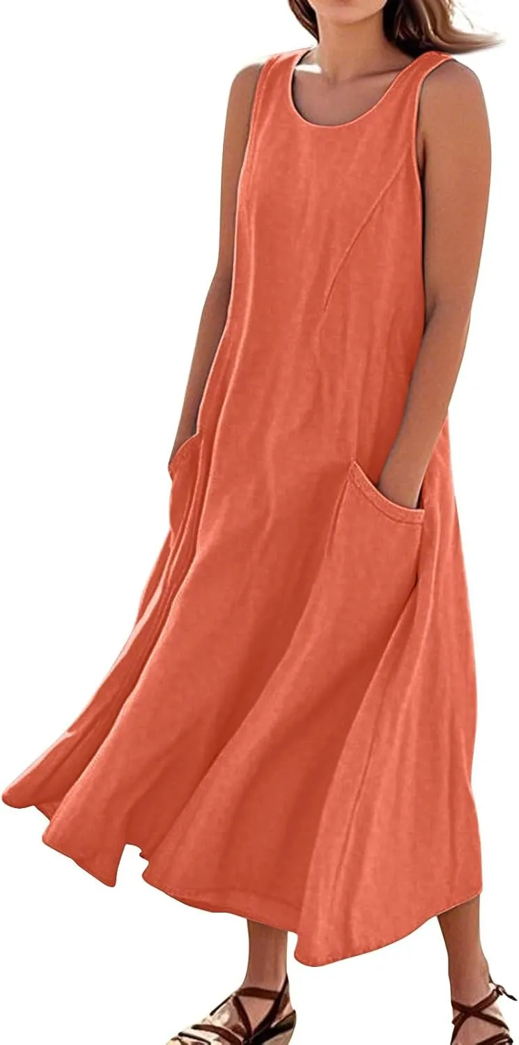 Linen Dress Women Causal Sleeveless U Neck Plus Size Summer Dresses Flowy Ruffle Hem Maxi T Shirt Dresses Midi Dress