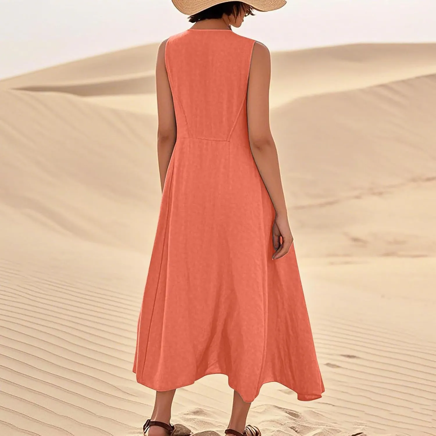 Linen Dress Women Causal Sleeveless U Neck Plus Size Summer Dresses Flowy Ruffle Hem Maxi T Shirt Dresses Midi Dress