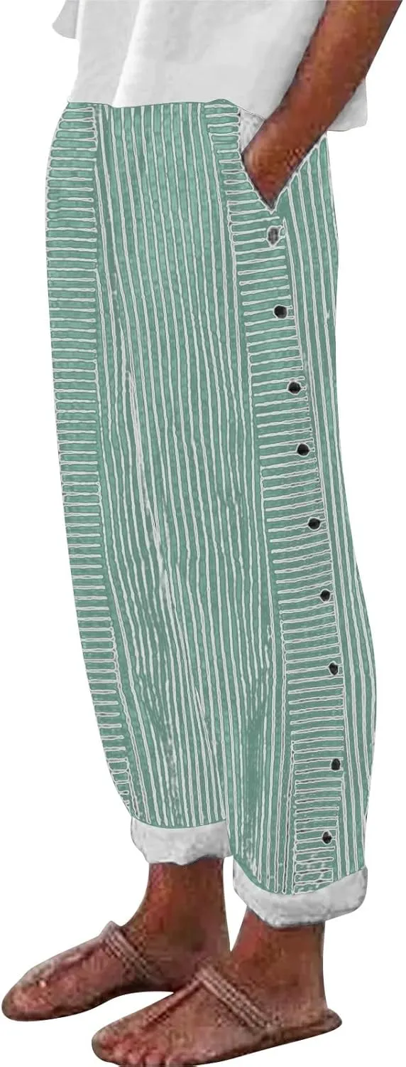 Linen Pants for Women 2025 Trendy Striped Spring Summer Casual Pants High Waist Straight Leg Trousers with Pockets