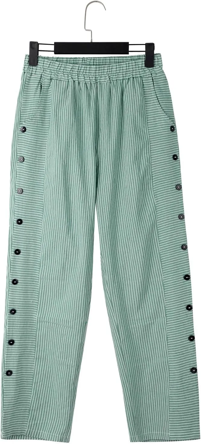 Linen Pants for Women 2025 Trendy Striped Spring Summer Casual Pants High Waist Straight Leg Trousers with Pockets