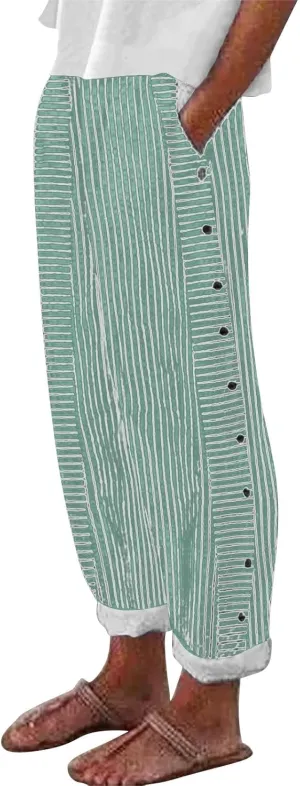 Linen Pants for Women 2025 Trendy Striped Spring Summer Casual Pants High Waist Straight Leg Trousers with Pockets