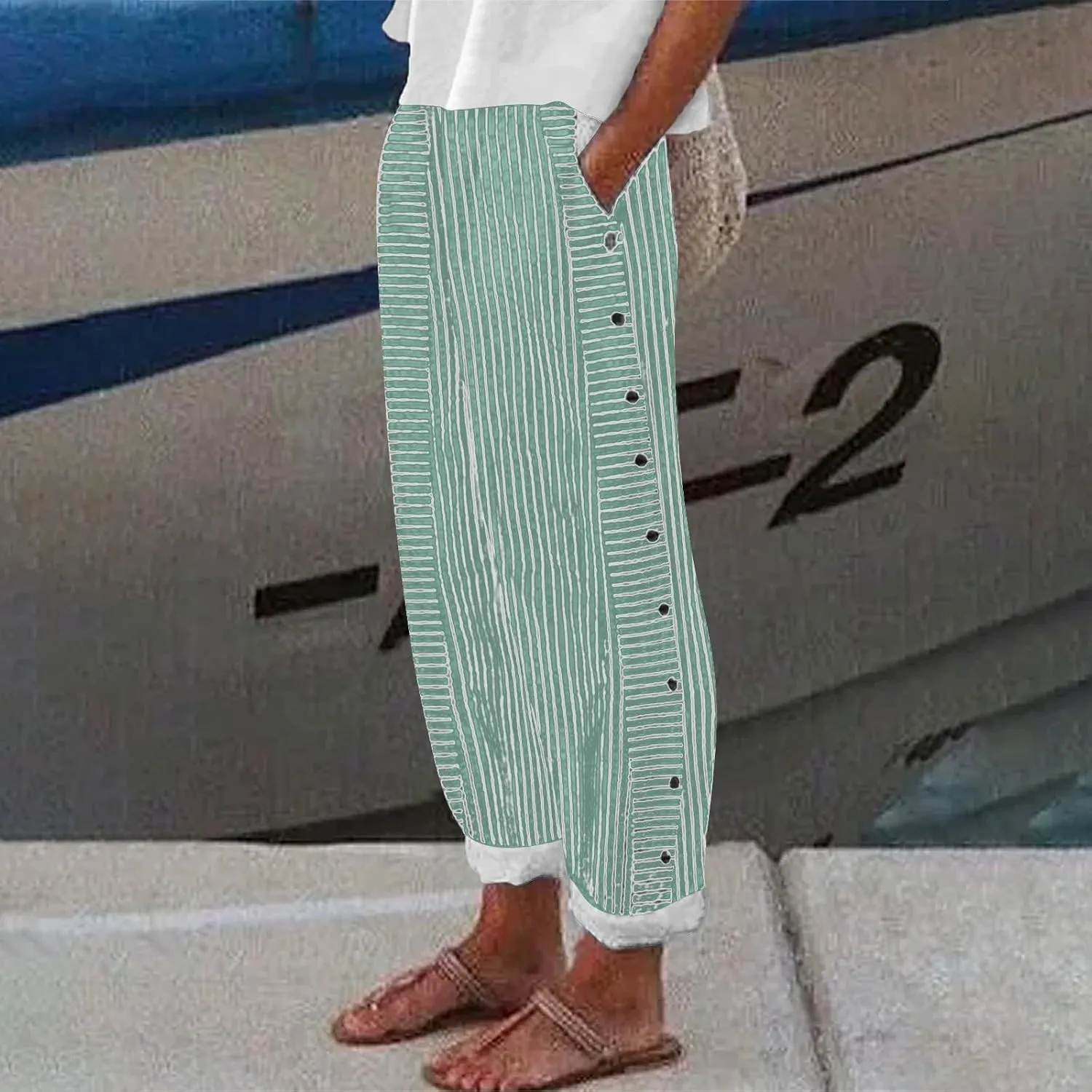 Linen Pants for Women 2025 Trendy Striped Spring Summer Casual Pants High Waist Straight Leg Trousers with Pockets