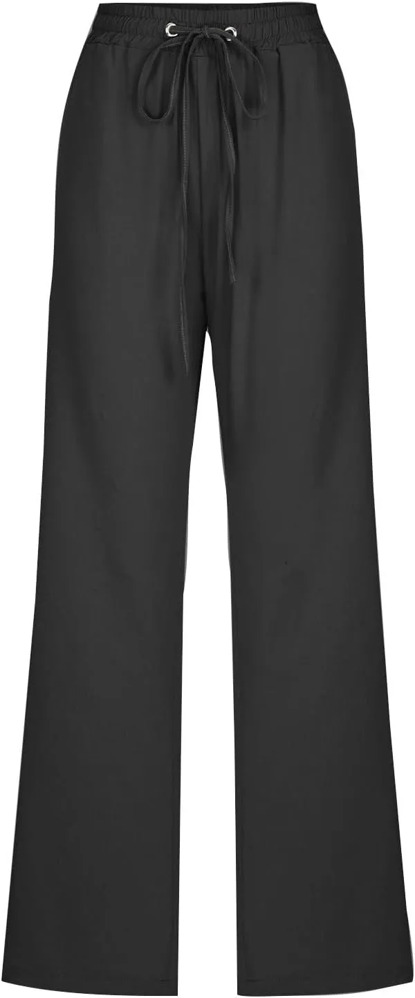 Linen Pants for Women Drawstring Elastic High Waist Pants Loose Straight Leg Lightweight Trousers Pants
