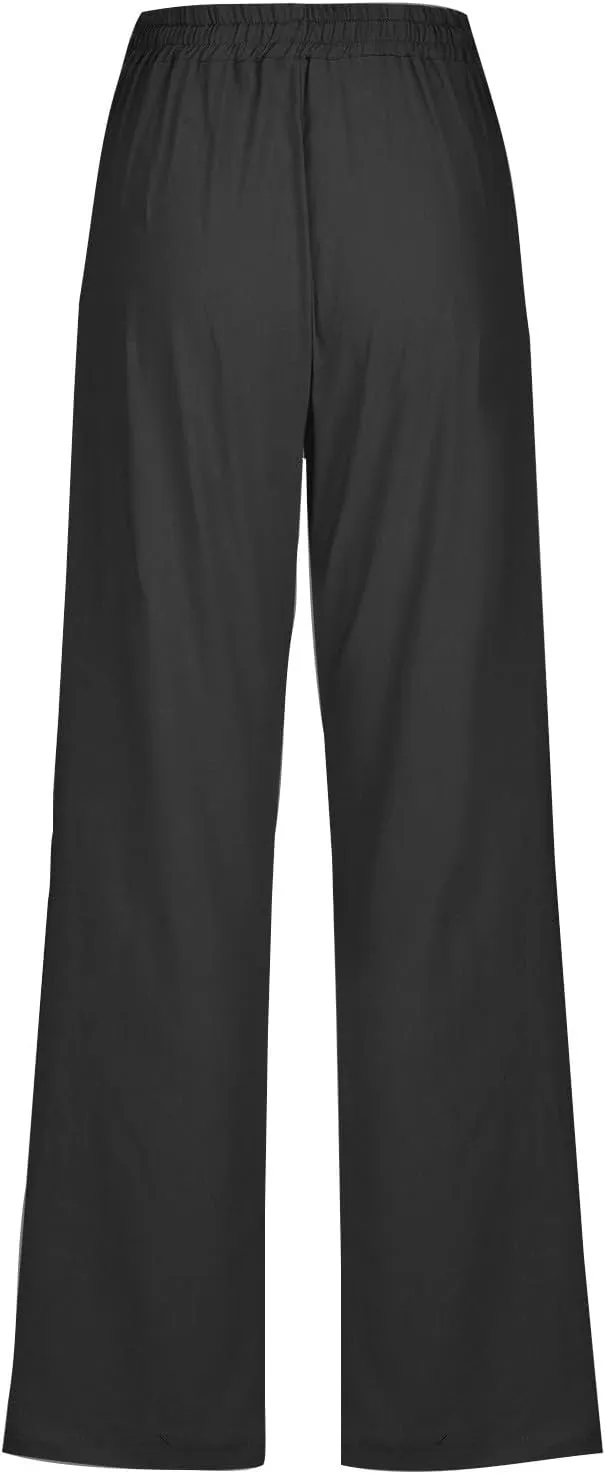 Linen Pants for Women Drawstring Elastic High Waist Pants Loose Straight Leg Lightweight Trousers Pants