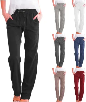 Linen Pants for Women Drawstring Elastic High Waist Pants Loose Straight Leg Lightweight Trousers Pants