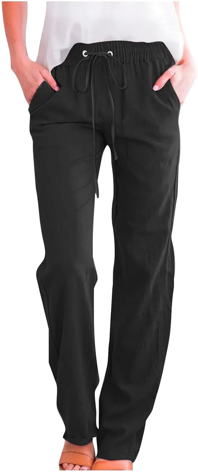 Linen Pants for Women Drawstring Elastic High Waist Pants Loose Straight Leg Lightweight Trousers Pants