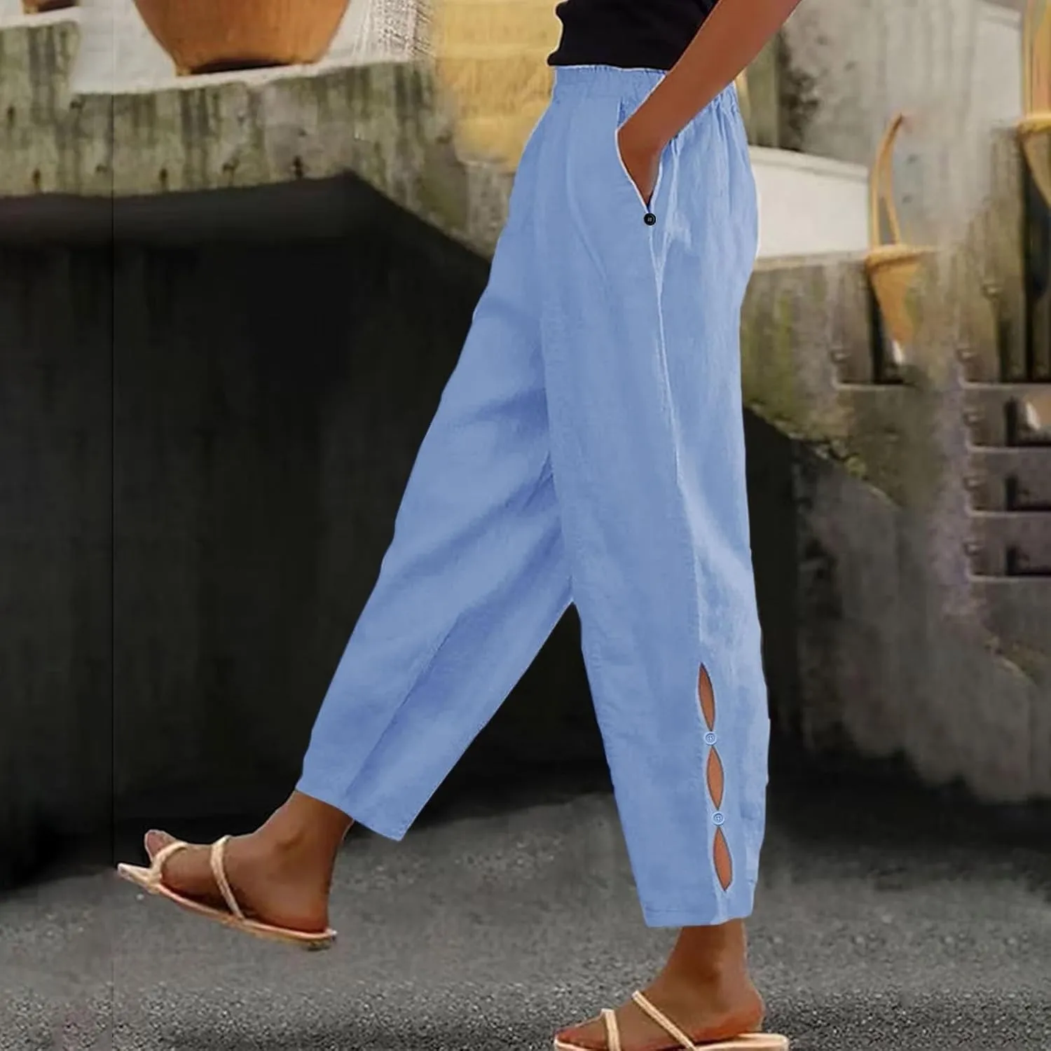 Linen Pants for Women High Waist Hollow Out Cropped Trousers Loose Summer Beach Cropped Pants with Pockets