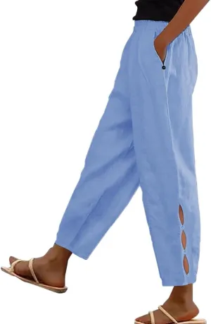 Linen Pants for Women High Waist Hollow Out Cropped Trousers Loose Summer Beach Cropped Pants with Pockets