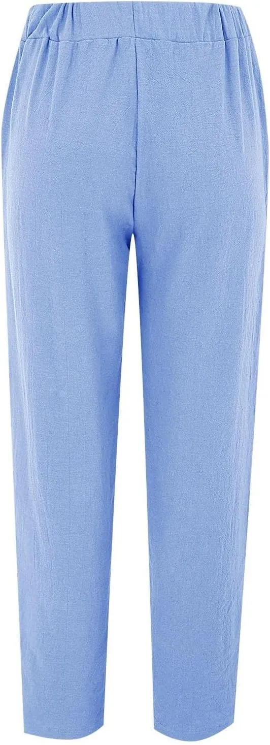 Linen Pants for Women High Waist Hollow Out Cropped Trousers Loose Summer Beach Cropped Pants with Pockets