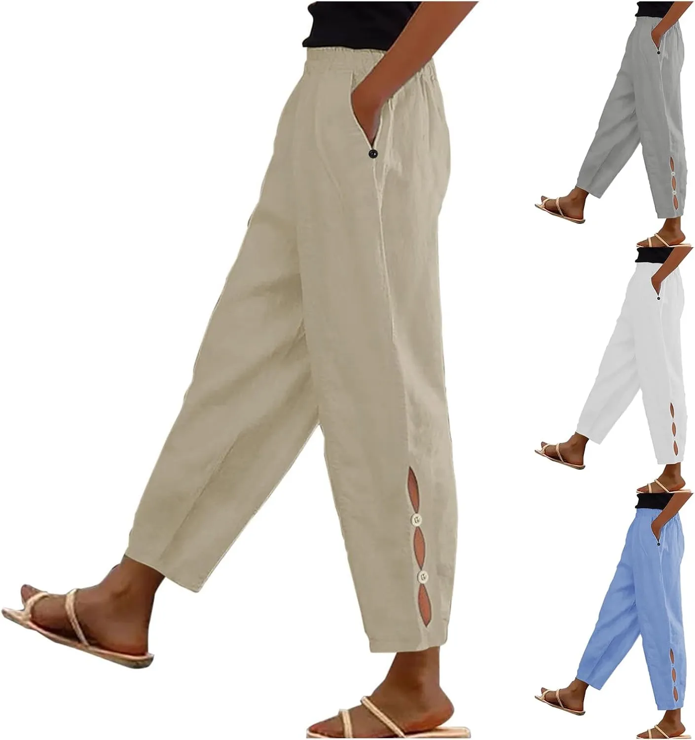 Linen Pants for Women High Waist Hollow Out Cropped Trousers Loose Summer Beach Cropped Pants with Pockets