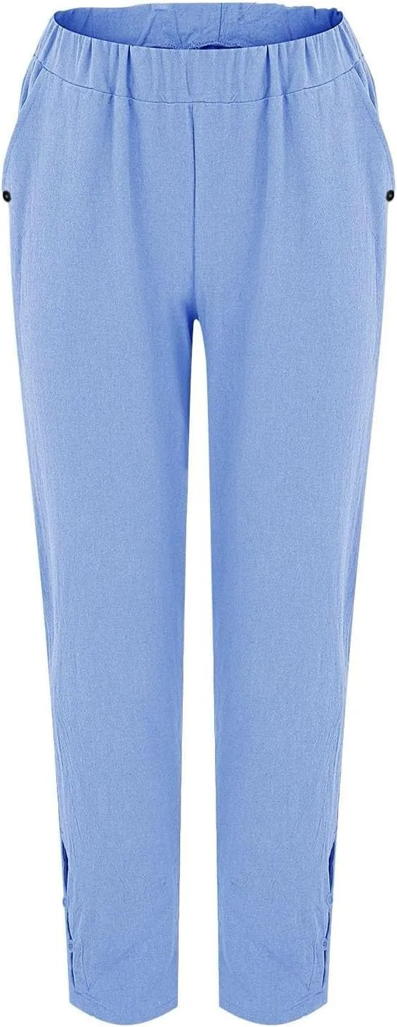 Linen Pants for Women High Waist Hollow Out Cropped Trousers Loose Summer Beach Cropped Pants with Pockets