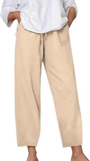 Linen Pants for Women Loose Elastic High Waist Yoga Pants Relax Fit Comfy Casual Trousers with Pockets Summer 2025