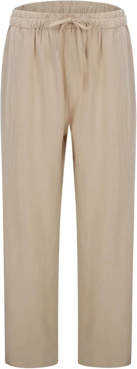 Linen Pants for Women Loose Elastic High Waist Yoga Pants Relax Fit Comfy Casual Trousers with Pockets Summer 2025