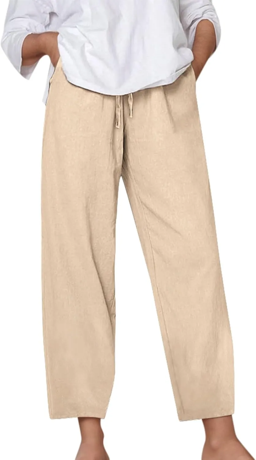 Linen Pants for Women Loose Elastic High Waist Yoga Pants Relax Fit Comfy Casual Trousers with Pockets Summer 2025