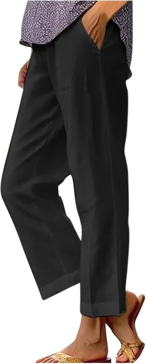 Linen Pants Women 2025 Summer Elastic High Waist Straight Leg Lounge Pant Casual Beach Comfy Soft Trouser Resort Wear