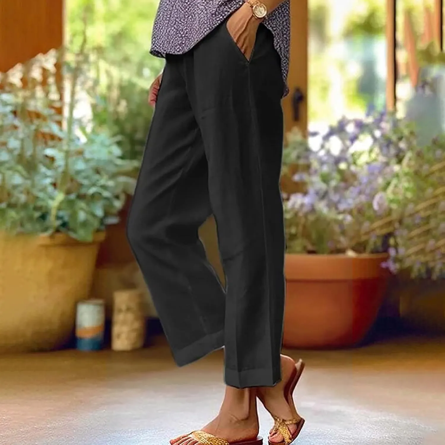 Linen Pants Women 2025 Summer Elastic High Waist Straight Leg Lounge Pant Casual Beach Comfy Soft Trouser Resort Wear