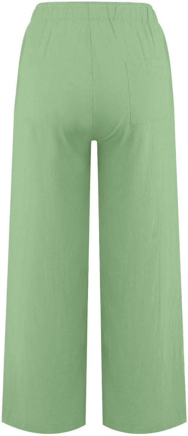 Linen Pants Women Casual Summer Drawstring Waist Wide Leg Pants with Pockets Baggy Lightweight Beach Trousers