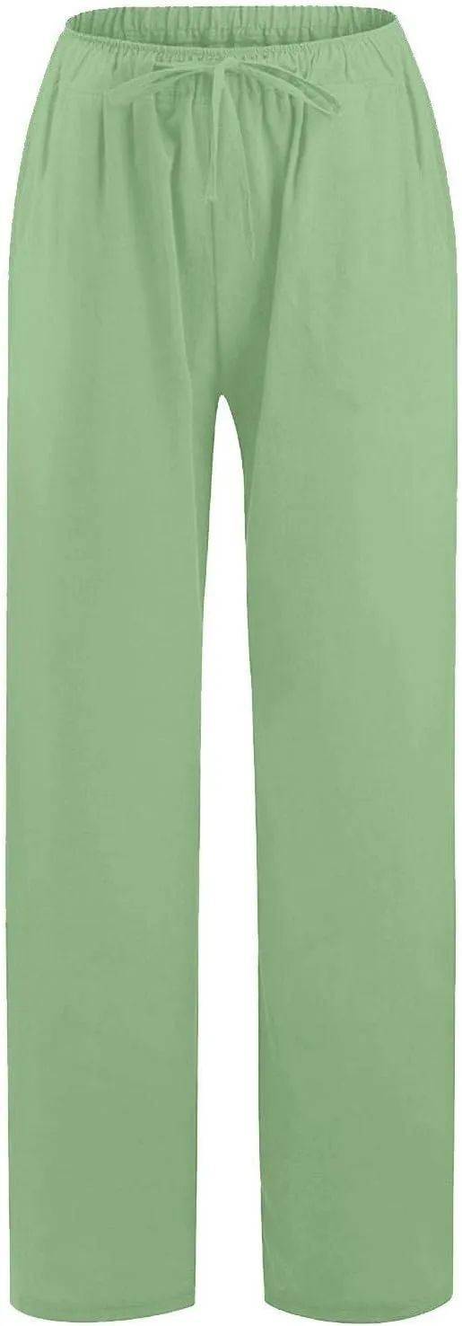 Linen Pants Women Casual Summer Drawstring Waist Wide Leg Pants with Pockets Baggy Lightweight Beach Trousers