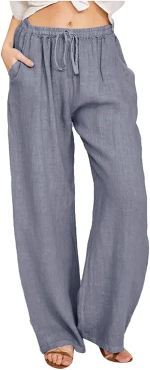 Linen Pants Women Casual Summer Drawstring Waist Wide Leg Pants with Pockets Baggy Lightweight Beach Trousers