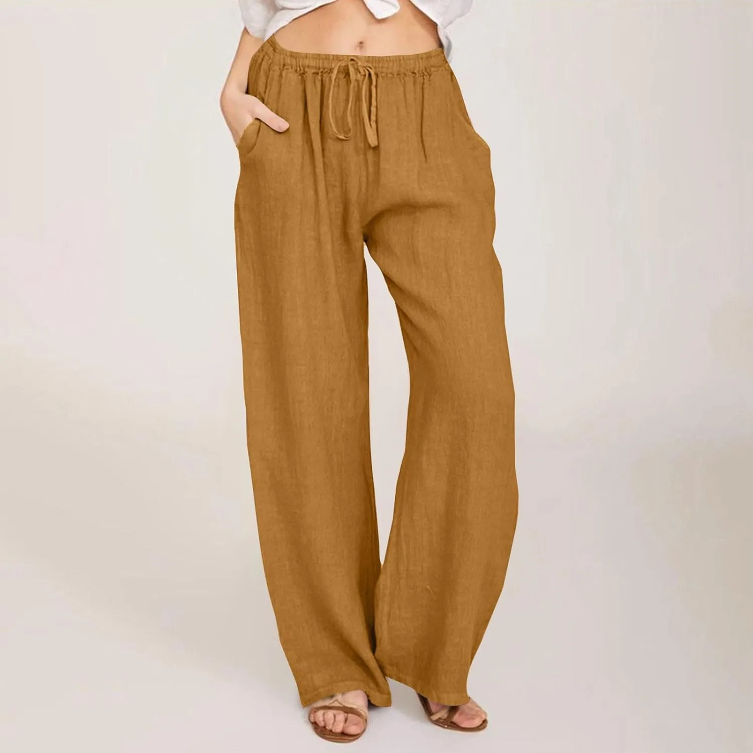 Linen Pants Women Casual Summer Drawstring Waist Wide Leg Pants with Pockets Baggy Lightweight Beach Trousers