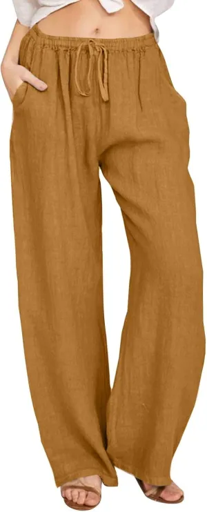 Linen Pants Women Casual Summer Drawstring Waist Wide Leg Pants with Pockets Baggy Lightweight Beach Trousers