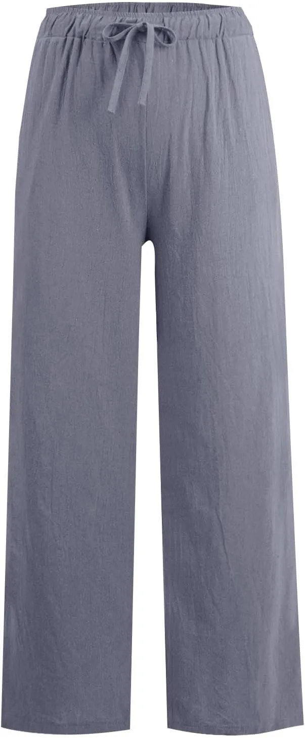 Linen Pants Women Casual Summer Drawstring Waist Wide Leg Pants with Pockets Baggy Lightweight Beach Trousers